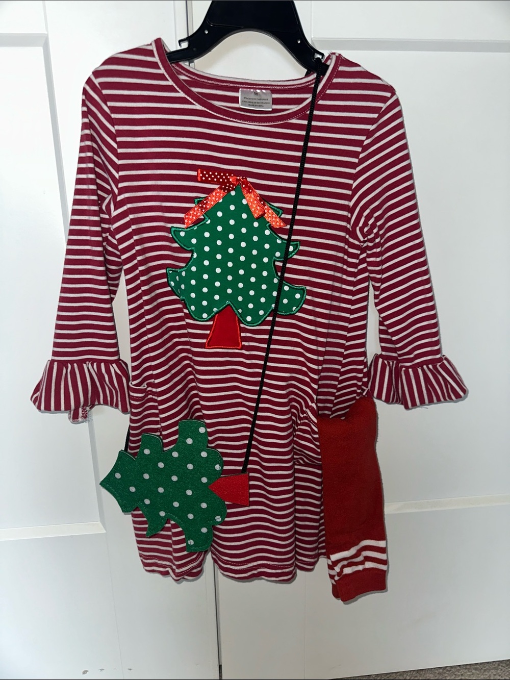 Girls' Striped Holiday Tree Dress with Matching Green Tree Bag & Knee Socks.
